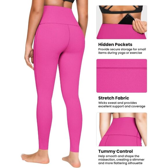 🆕Women’s Hot Pink Polyester High Waisted Tummy Control Yoga Pants Fitness Gym - Picture 5 of 6